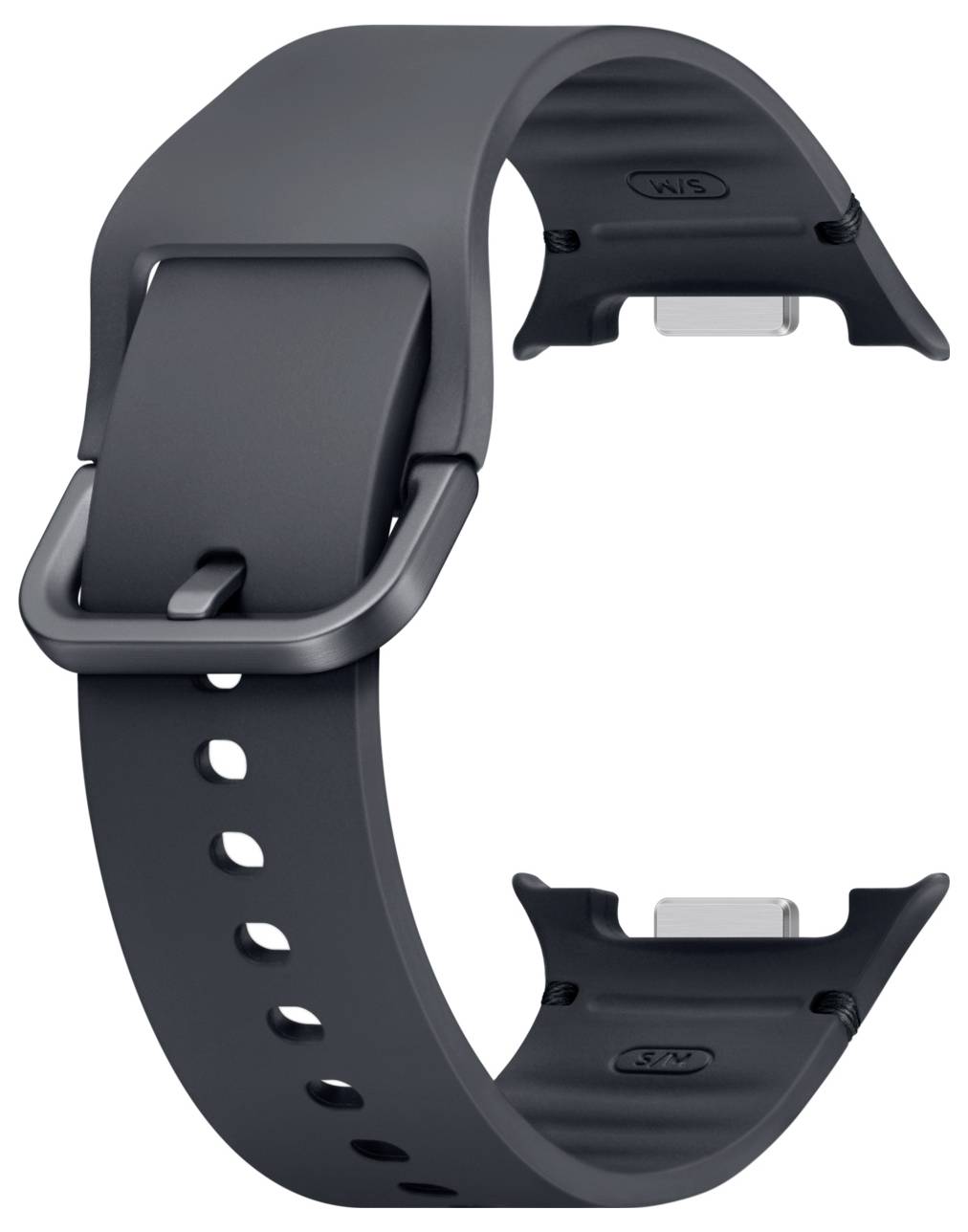 Schwarzes Silikon-Smartwatch-Armband mit Schnalle und perforiertem Riemen, gezeigt in einer produktnahen Nahaufnahme auf weißem Hintergrund.
