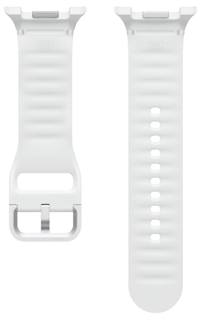 Zwei Ansichten eines weißen Smartwatch-Armbands: Vorderseite mit Schnalle und Schlitzen sowie Rückseite mit Verstelllöchern.