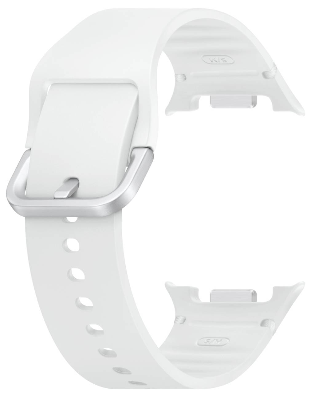 Weiße verstellbare Uhrenarmbandunterlegscheibe mit silbernem Verschluss und Verbindungsklemmen, von vorne und hinten auf einfachem Hintergrund gezeigt.