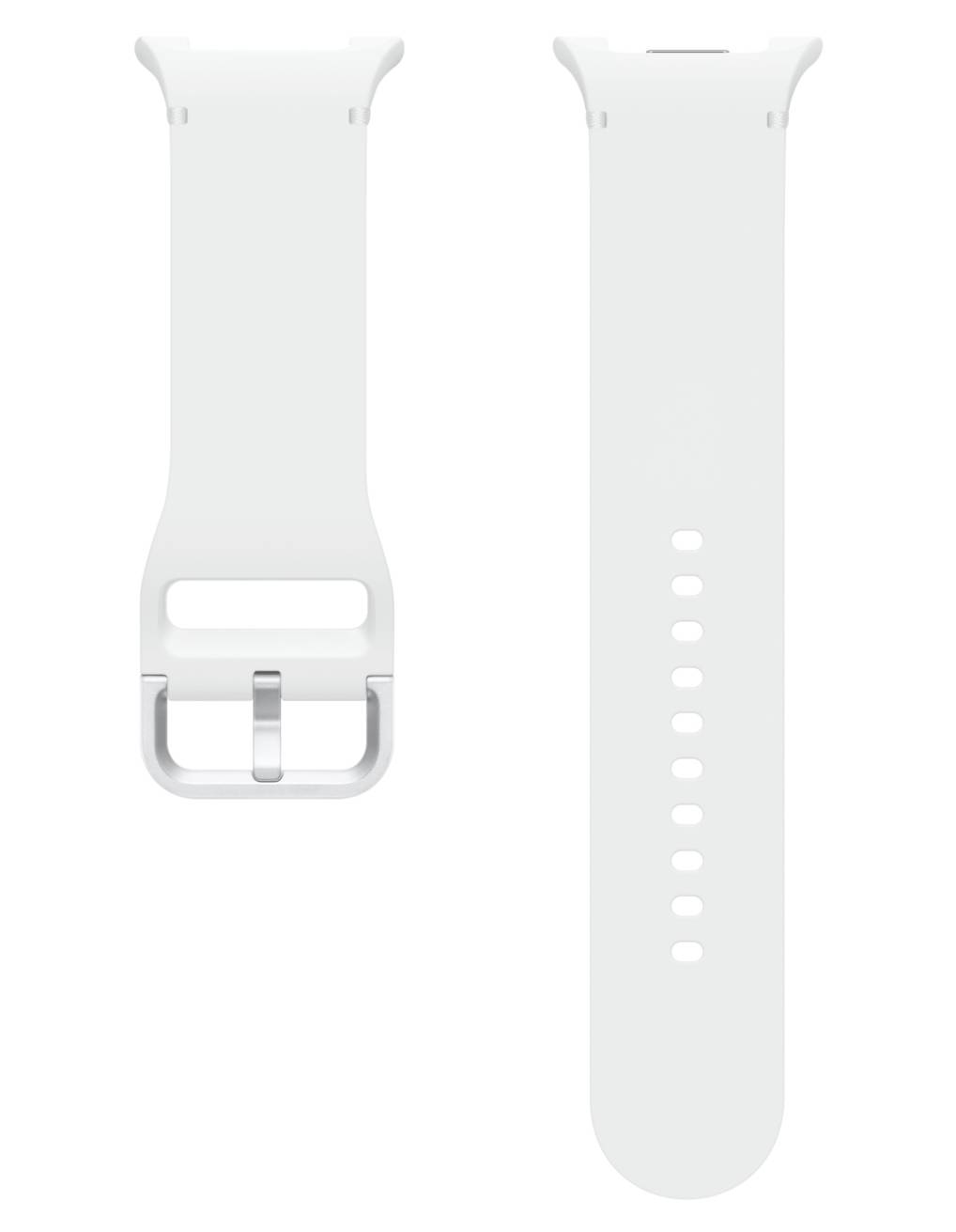 Zwei hellgraue Smartwatch-Armbänder nebeneinander gezeigt, eines mit einer Schließe und eines mit Verstelllöchern.