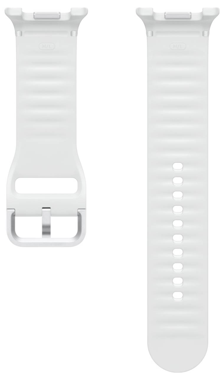 Weißes Silikonarmband für Uhren, von vorne und hinten dargestellt, mit verstellbaren Löchern und Metallschnalle.