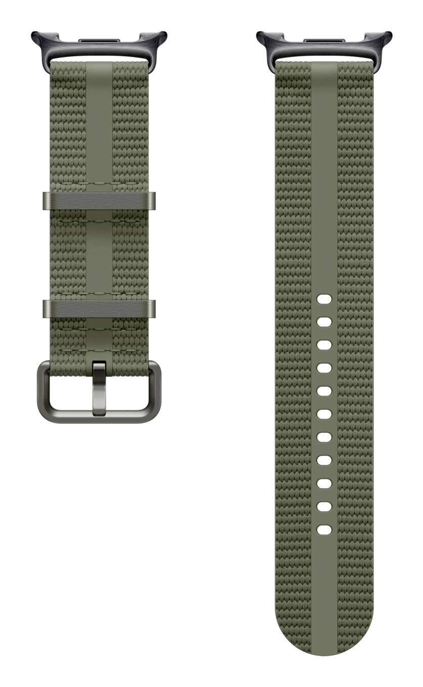 Zwei olivgrüne Uhrenarmbänder nebeneinander abgebildet: links mit einer Schnalle und Schlaufen, rechts ein durchlöchertes Armbandende mit Löchern.