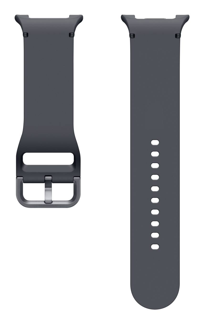 Dunkelgraues Smartwatch-Armband von vorne und hinten gezeigt, mit Metallschnalle, rechteckiger Aussparung und mehreren Verstelllöchern.