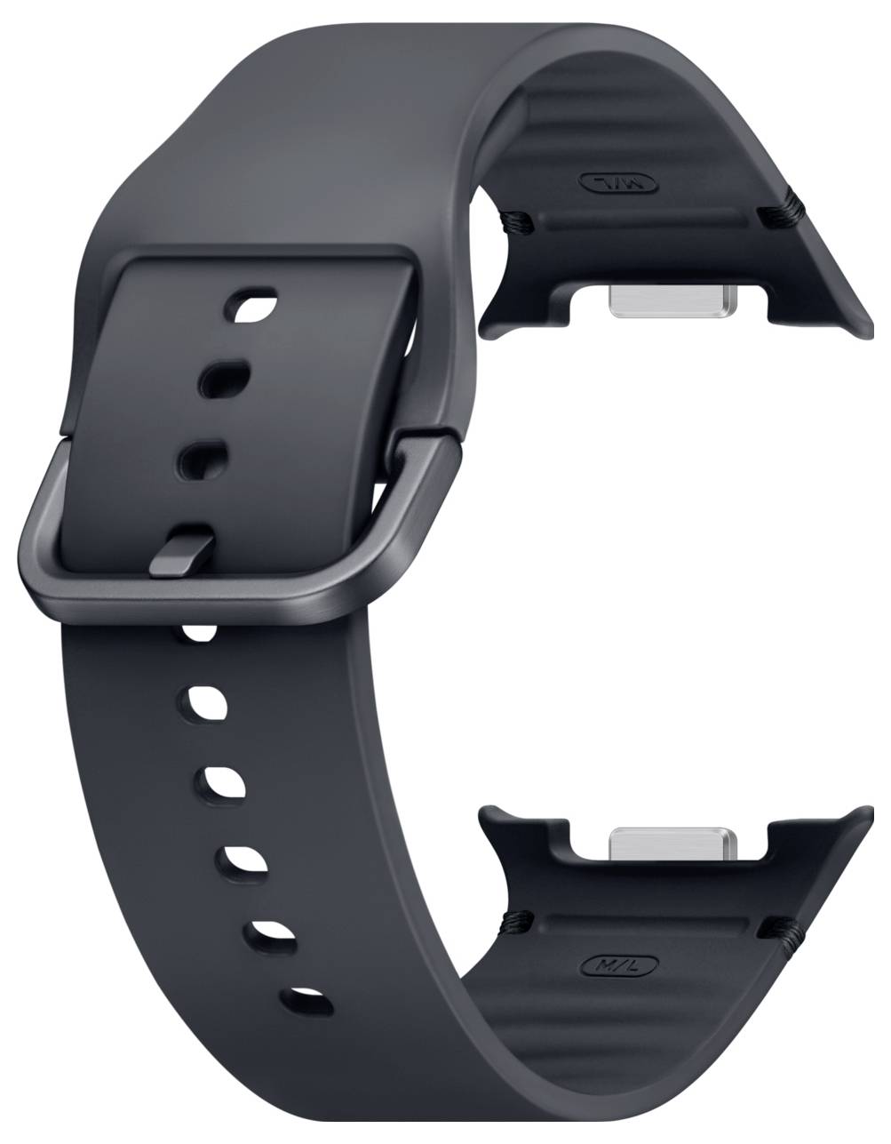 Schwarzes Silikon-Smartwatch-Armband mit großer Schnallenschließe, isoliert auf weißem Hintergrund dargestellt.