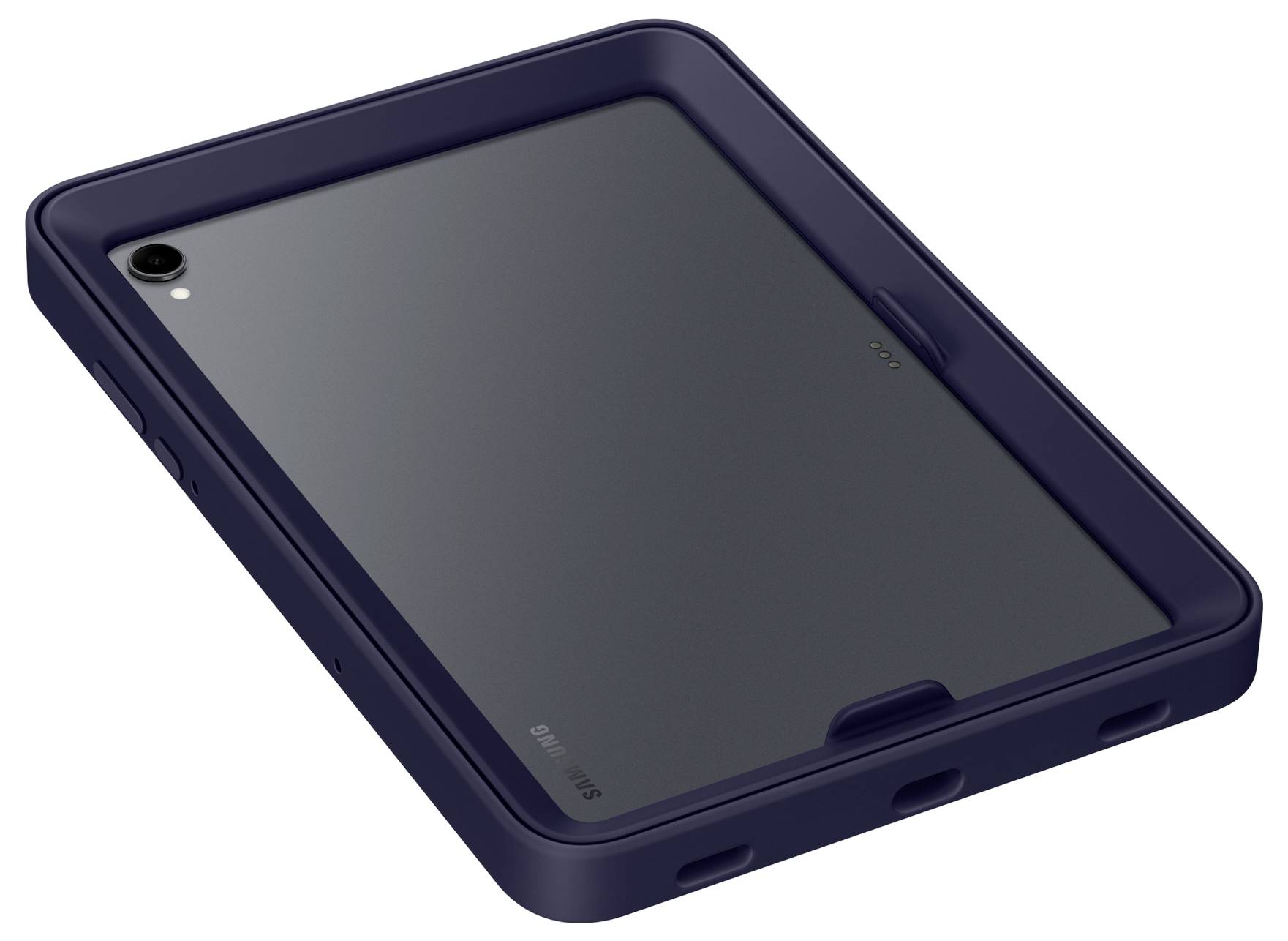 Rückseite eines dunkelblauen Samsung-Tablets in einer Schutzhülle, in einem Winkel dargestellt mit sichtbarem Kameraausschnitt und Tastenöffnungen.