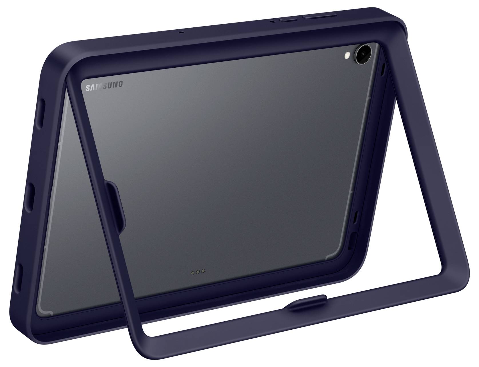 Samsung-Tablet in einem dunkelblauem Schutzetui mit integriertem Ständer, von hinten fotografiert und in einem Winkel positioniert, um die rückwärtige Kamera zu zeigen.