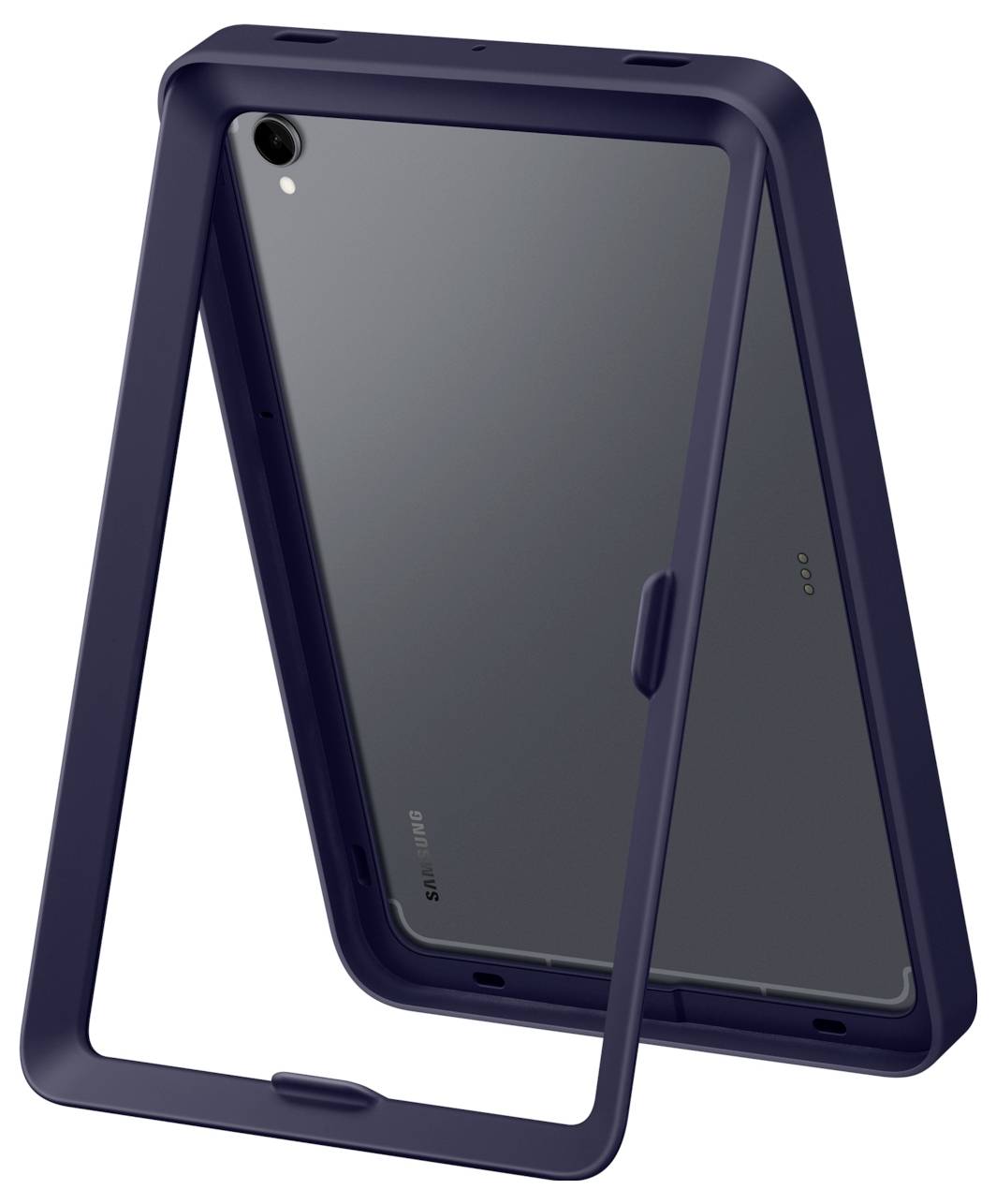 Dunkelblauer Tablet-Schutzhülle mit integriertem Ständer, geöffnet im Winkel, um das Gerät auf einer ebenen Fläche zu stützen.