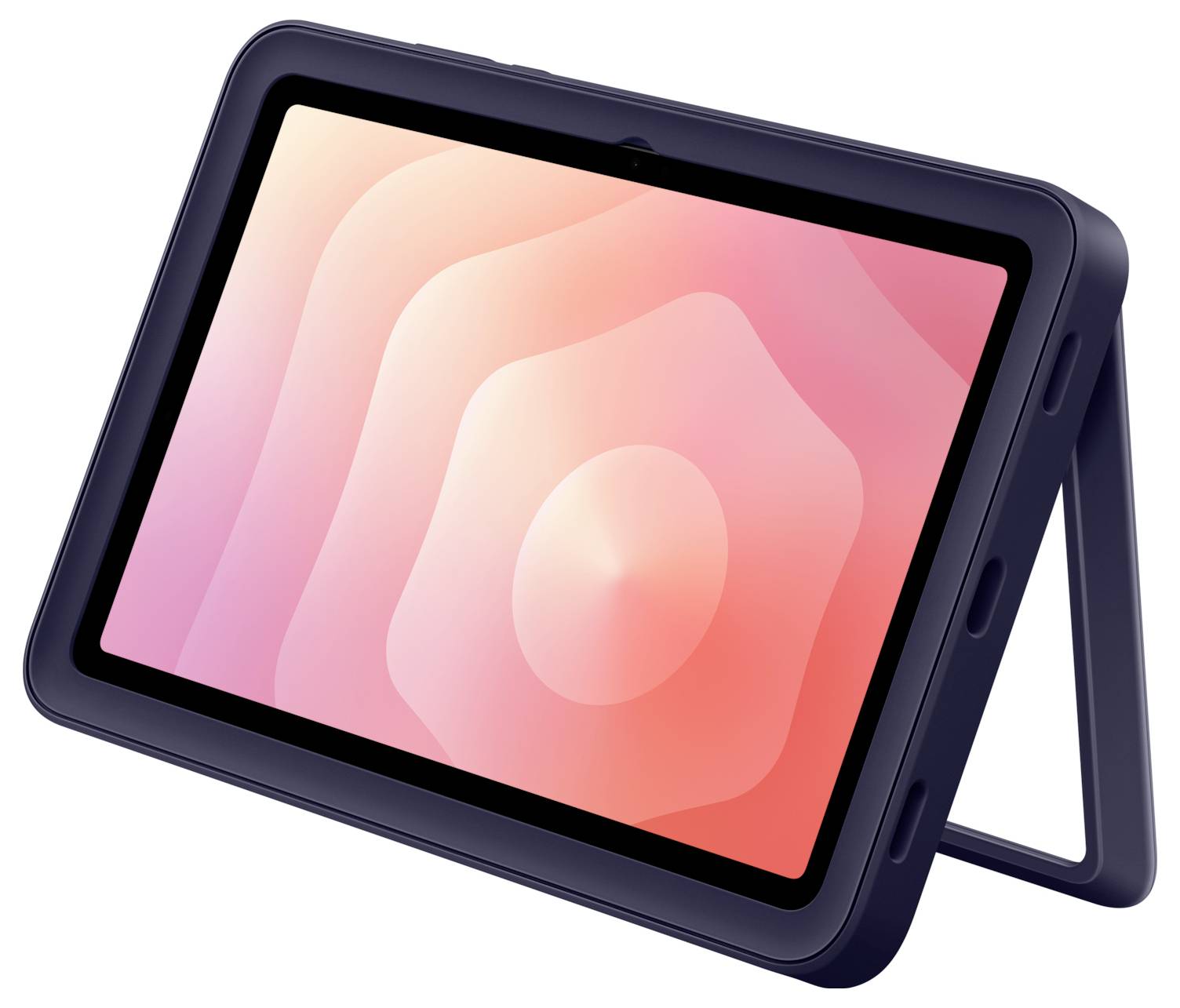 Ein Tablet in einer dunklen Schutzhülle mit klappbarem Ständer, angewinkelt auf weißem Hintergrund dargestellt und mit einem rosa abstrakten Bildschirm angezeigt.
