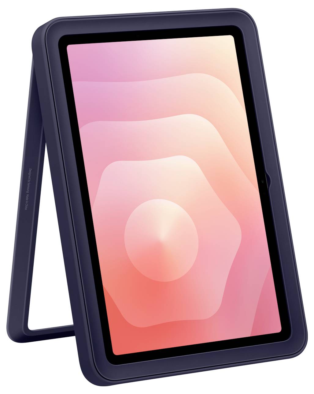 Ein Tablet in einem dunklen Schutzgehäuse auf einem Ständer, das eine rosa abstrakte Tapete anzeigt.