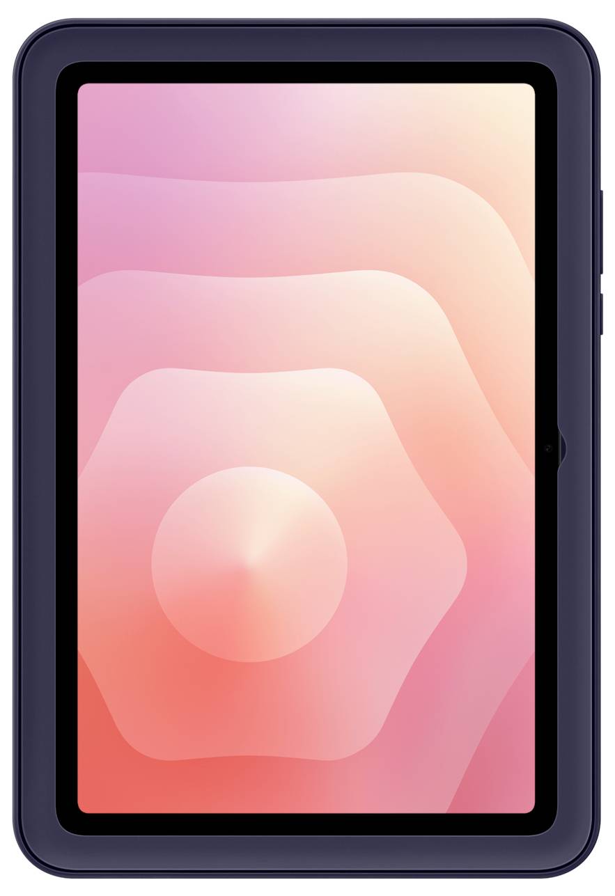 Vorderansicht eines dunkelblauuen Tablets mit einem rosa abstrakten Hintergrundbild auf dem Bildschirm.
