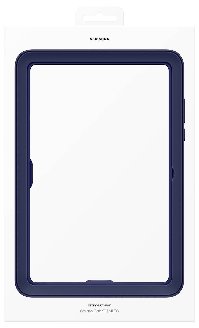 Samsung Frame Cover für Galaxy Tab S8/S7 FE, dunkelblauer Tablet-Case auf der Produktverpackung abgebildet.