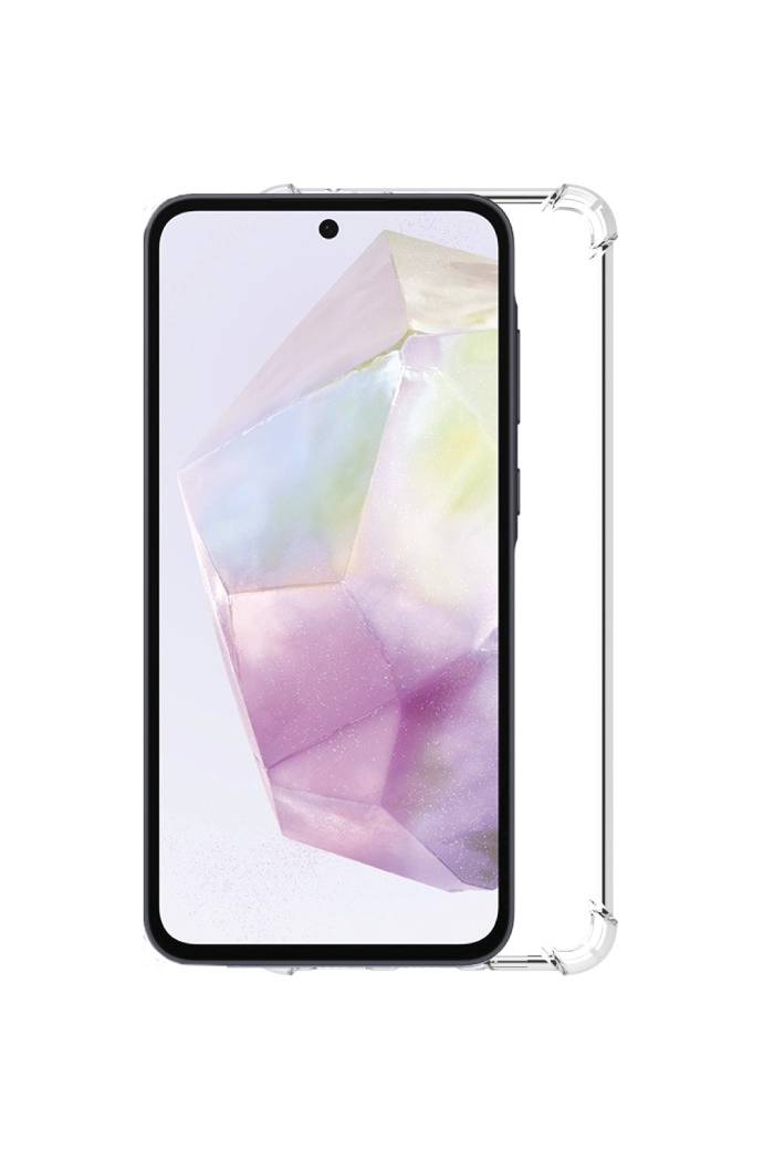 Schwarzes Smartphone von vorne gezeigt in einer durchsichtigen Schutzhülle, mit einer pastellfarbenen geometrischen Kristalltapete auf dem Bildschirm.