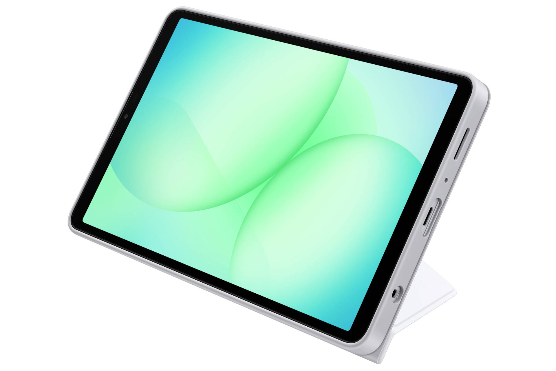 Eine silberne Tablette in einem weißen Ständer, schräg angezeigt mit einem leuchtend grünen abstrakten Bildschirm.