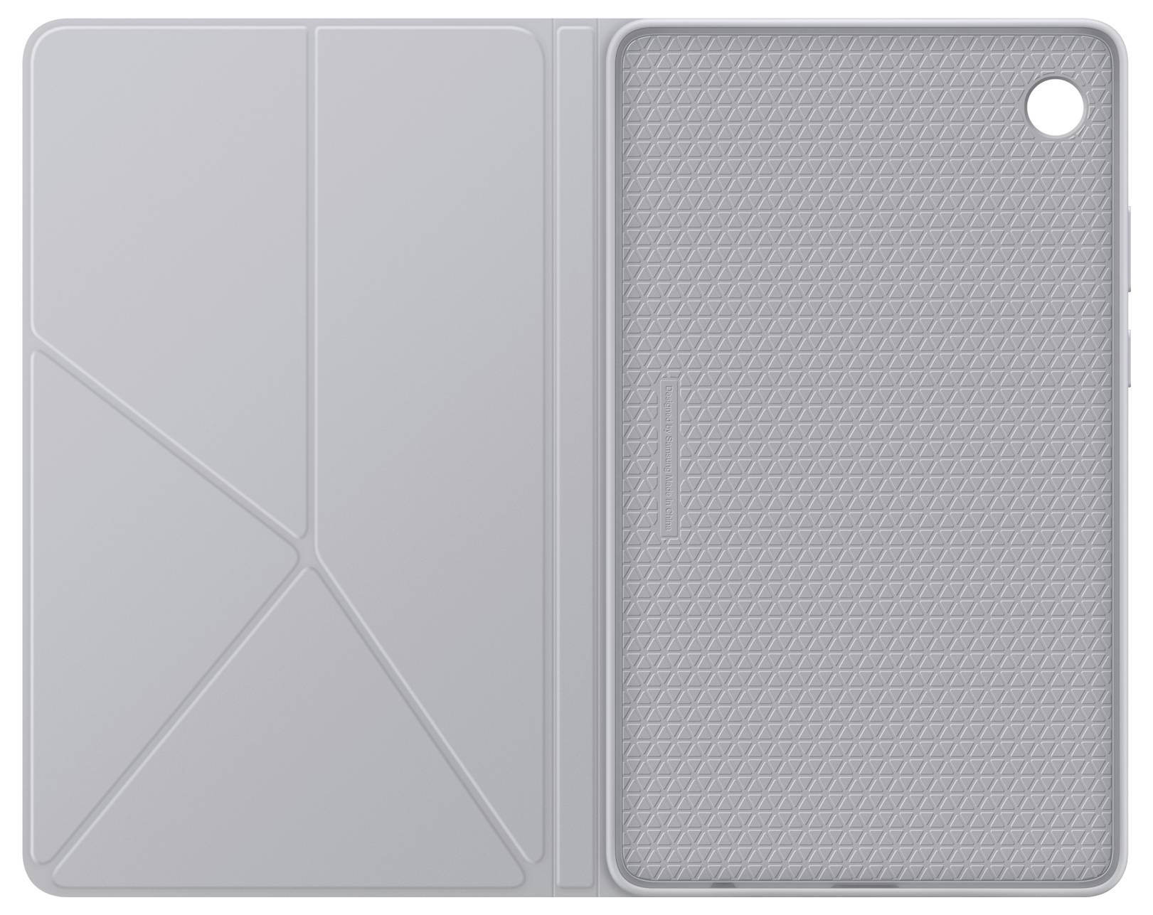 Grauer zusammenklappbarer Tablet-Etui, geöffnet dargestellt, mit strukturiertem rechtem Panel und Kameraausschnitt sowie glatter linker Seite mit Falzlinien.
