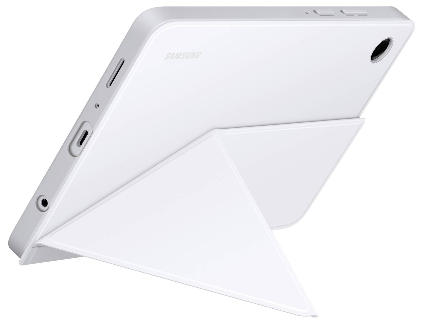 Weißes Samsung-Tablet in einem dreieckigen Schutzhülle-Ständer mit Faltfunktion, in einem Winkel angebracht, um die rückwärtige Kamera und die Seitentasten zu zeigen.
