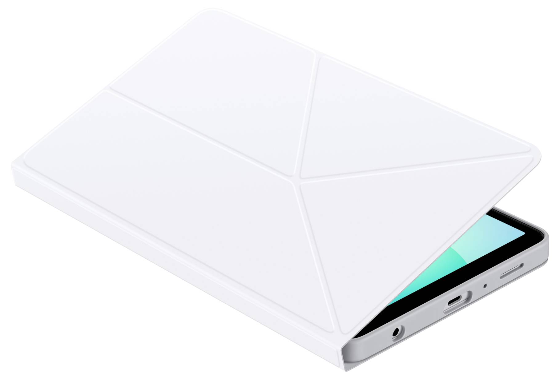 Eine weiße umschlagförmige Hülle bedeckt teilweise ein Smartphone und deutet auf Geräteverpackung oder Schutz hin.