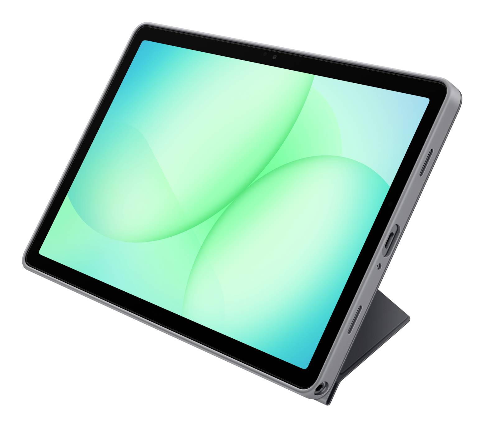 Ein Tablet in einem grauen Etui mit Ständer, angewinkelt auf weißem Hintergrund mit hellem abstraktem grünem Bildschirmdisplay gezeigt.
