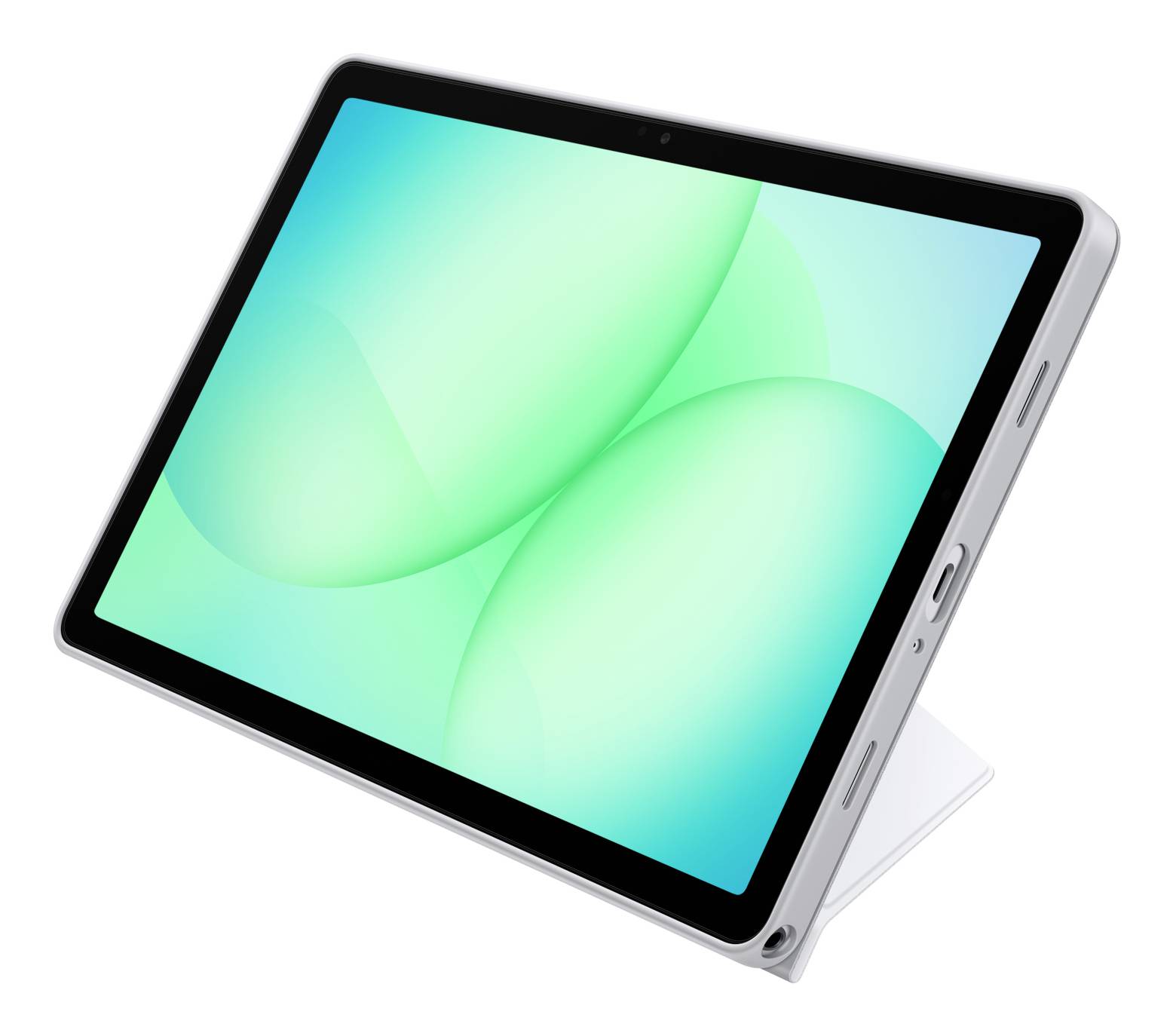Tablet in einem Klappsockel, im Winkel angezeigt mit einem türkisabstrakten Bildschirm auf weißem Hintergrund.