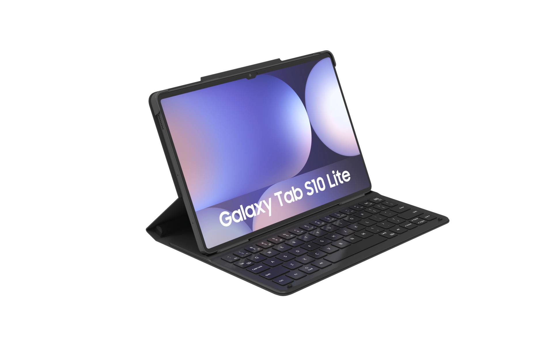 Samsung Galaxy Tab S10 Lite Tablet in einer Tastaturhülle, schräg geöffnet gezeigt, wobei der Bildschirm den Produktnamen anzeigt.