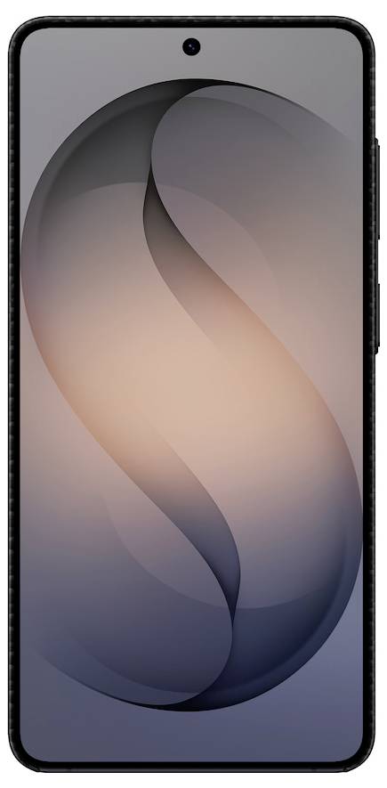 Vorderansicht eines schwarzen Smartphones mit abstraktem violett und pfirsichfarbenem Hintergrundbild und zentrierter Loch-Stempel-Kamera.