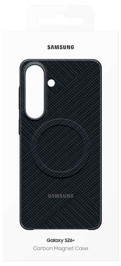 Samsung Galaxy S26+ Handyhülle aus Kohlenstoff mit Magnet in Schwarz, abgebildet in Einzelhandelsverpackung.