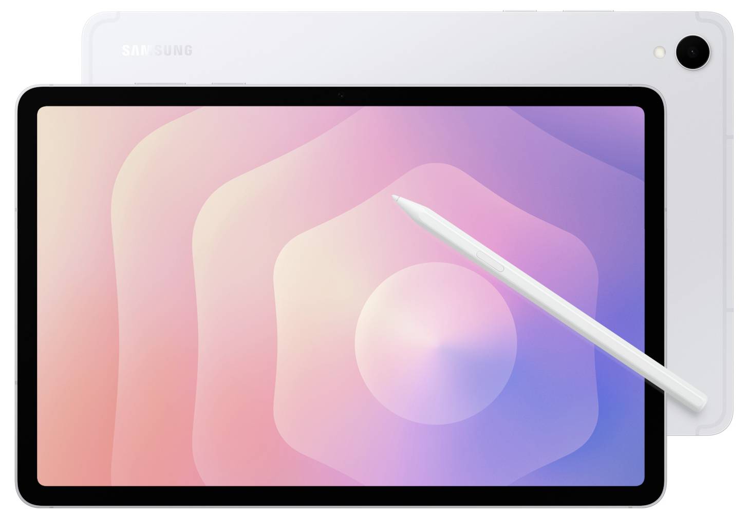 Samsung-Tablet von vorne und hinten mit pastellrosafarbenem bis violettem Bildschirm und weißem Stift, der diagonal über das Display gelegt ist.