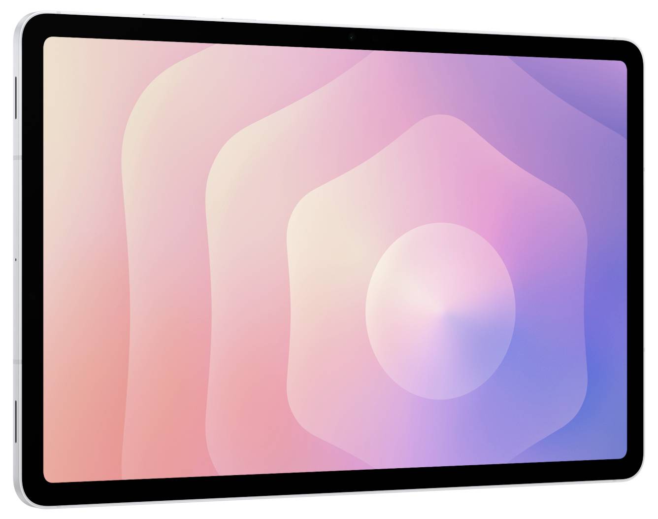 Ein Tablet-Gerät mit schwarzer Blende zeigt einen abstrakten geometrischen Hintergrund in Rosa bis Blau auf weißem Hintergrund.
