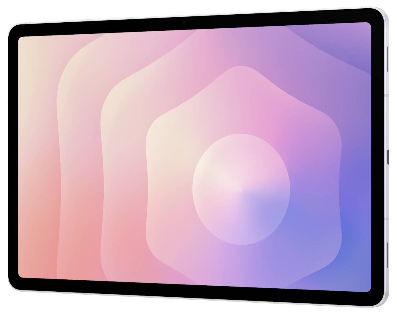 Tablet-Gerät in Querformat-Ausrichtung mit einem farbenfrohen abstrakten Bildschirm in Pink, Lila und Blau auf einer schwarzen Blende.