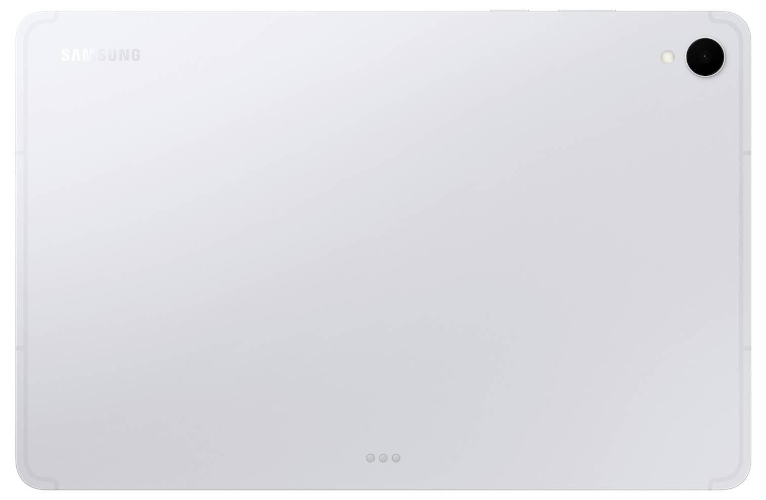 Rückseite eines silbernen Samsung-Tablets mit einer einzelnen Rückkamera in der oberen rechten Ecke.