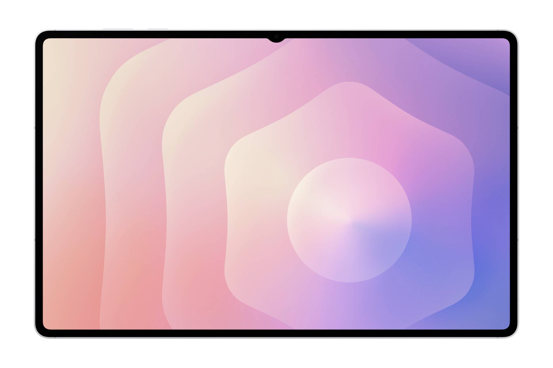 Vorderansicht eines Tablets mit einem rosa, violetten und blauen abstrakten Farbverlauf-Hintergrundbild auf weißem Hintergrund.