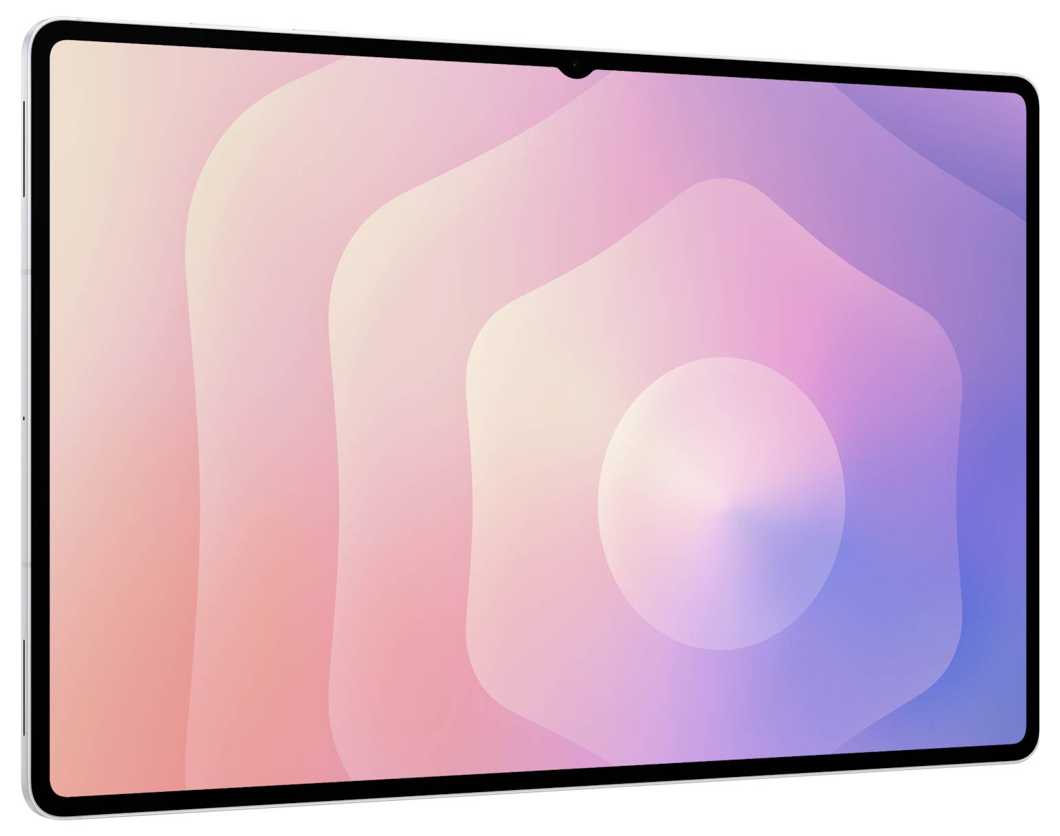 Ein Tablet mit schwarzer Blende zeigt ein rosafarbenes, violettes und blaues abstraktes Hintergrundbild mit gestapelten geometrischen Formen und einer zentrierten Aussparung oben.