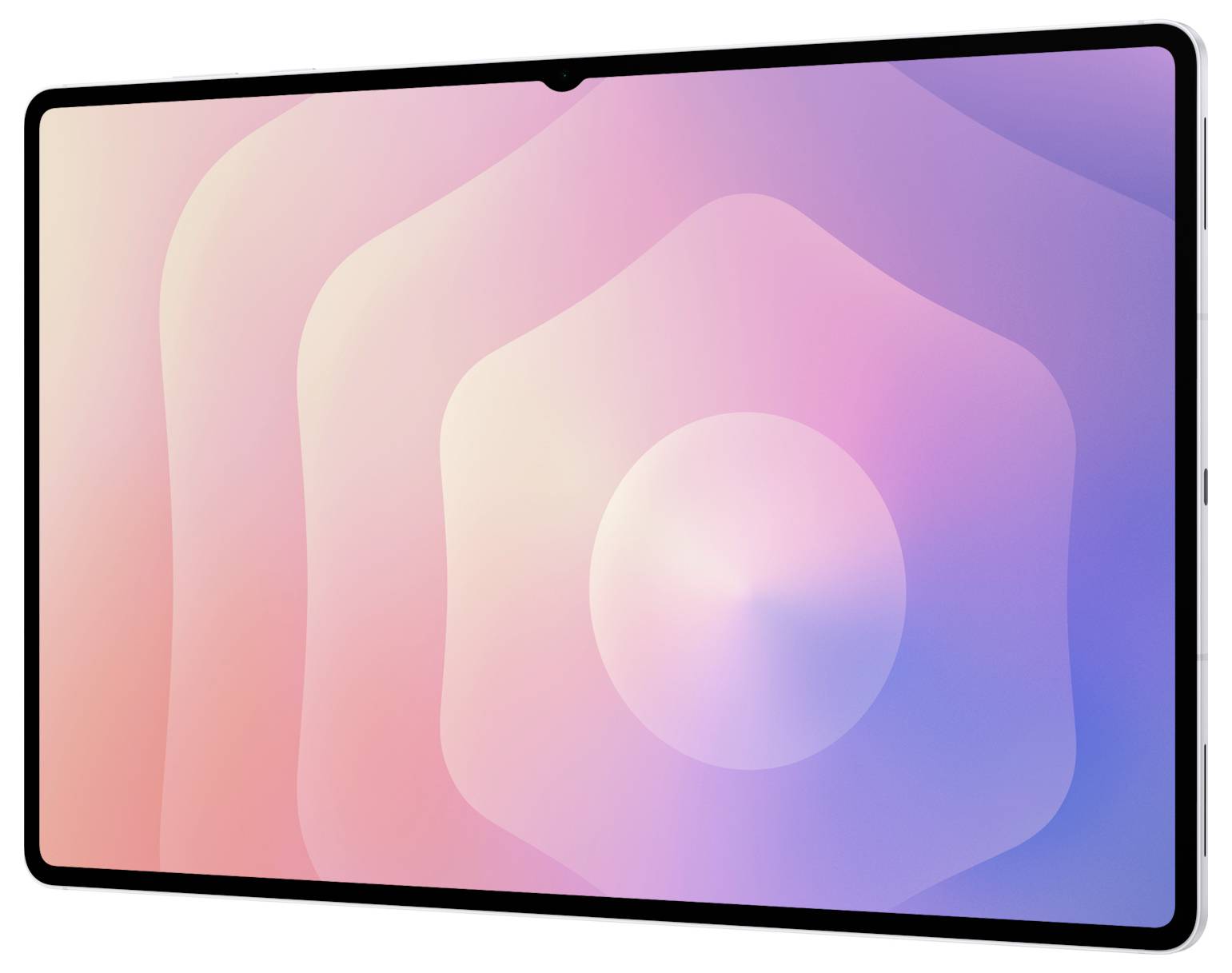 Vorderansicht eines Tablets mit einer abstrakten geometrischen Tapete in Rosa bis Blau und zentrierter Kameraaussparung.