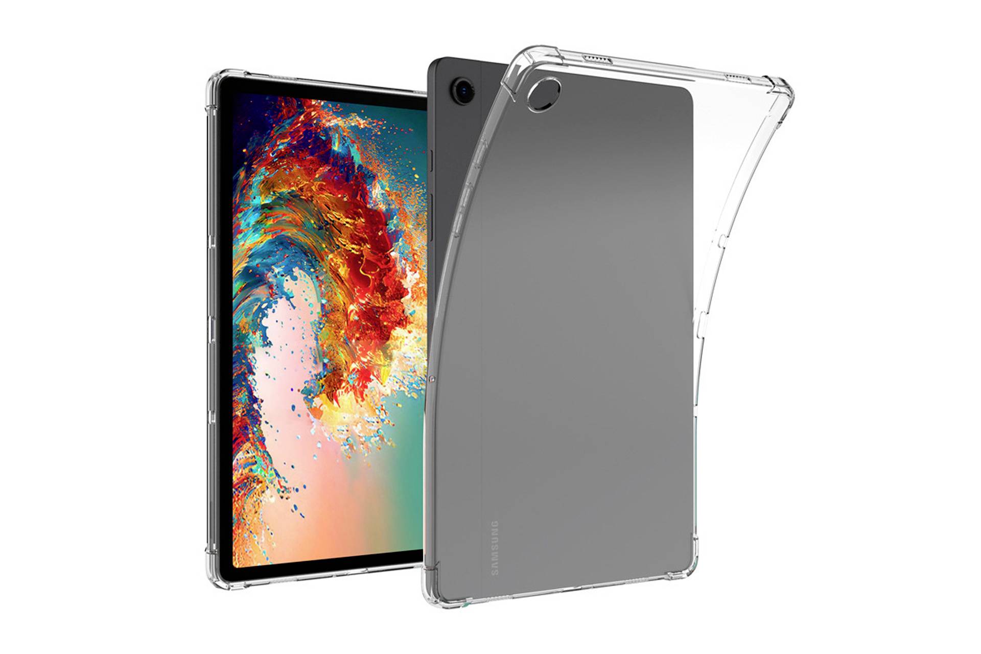 Tablet mit durchsichtiger Schutzhülle dargestellt, vorderes Display hinter der Hülle sichtbar, auf weißem Hintergrund.