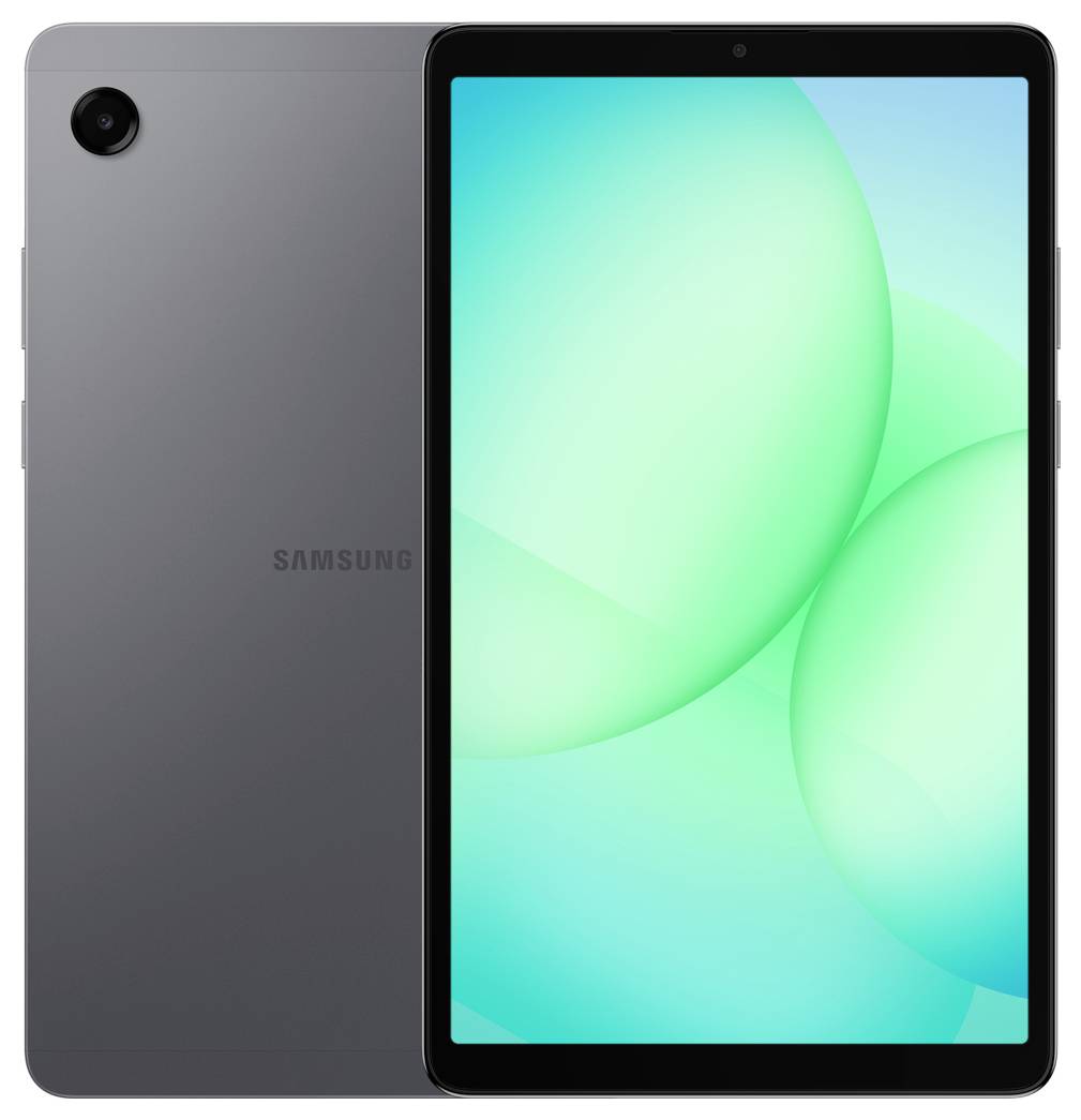 Samsung-Tablet von vorne und hinten gezeigt, dunkelgrauer Körper mit einer einzelnen rückseitigen Kamera und hellem grünem abstraktem Bildschirmdisplay.