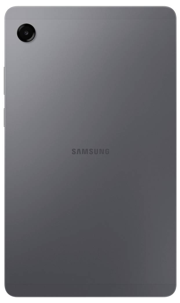 Rückseite eines grauen Samsung-Tablets mit einer einzelnen Rückkamera in der oberen linken Ecke.