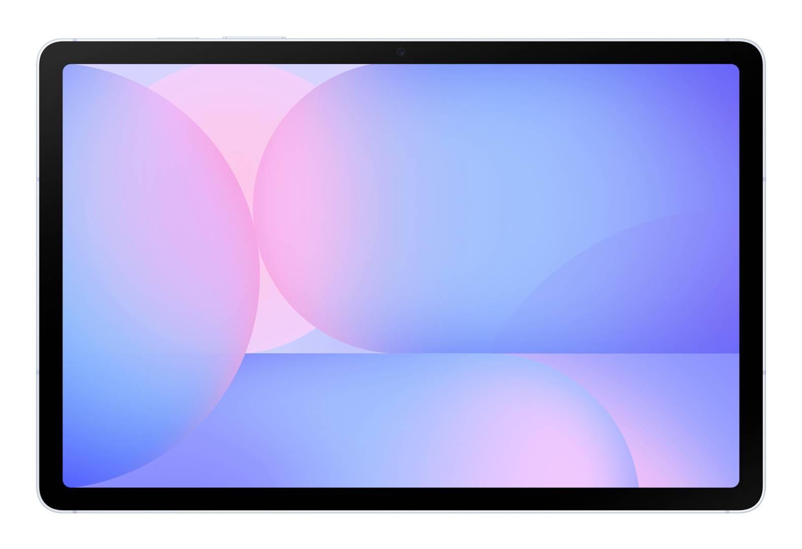 Tablet mit abstraktem blauem und rosa Hintergrund auf dem Bildschirm, in Querformat angezeigt.