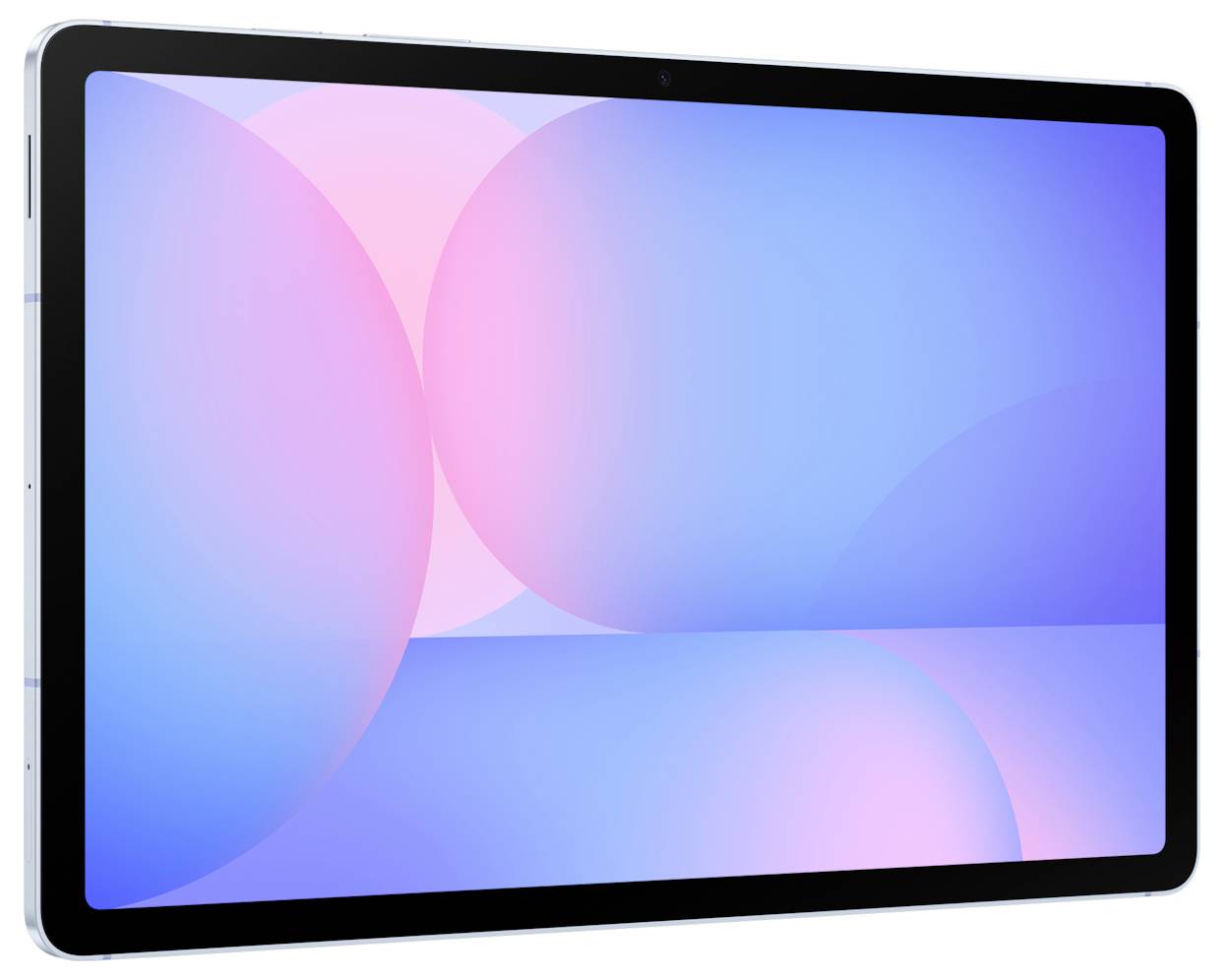 Tablet in schrägem Winkel angezeigt mit blauem und rosa abstraktem Hintergrundbild auf dem Bildschirm.