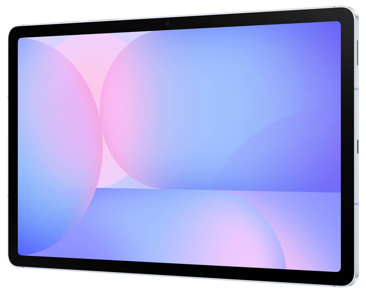 Ein Tablet mit einem blauen und rosa abstrakten Hintergrundbild auf einer schwarzen Blende, leicht schräg angezeigt.