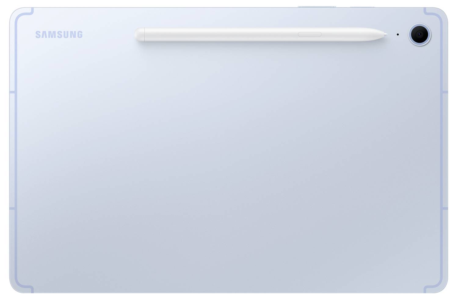Rückseite eines silbernen Samsung-Tablets mit rückwärtiger Kamera und Stylus, der entlang der oberen Kante angedockt ist.