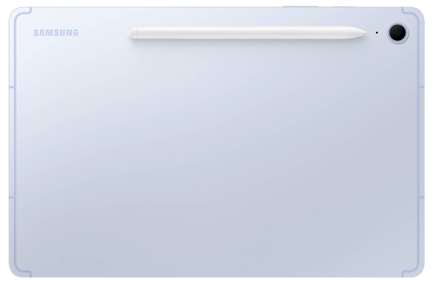 Hellblaue Samsung-Tablet-Rückseite mit einem horizontalen weißen Stylus oben und einer rückwärtigen Kamera in der oberen rechten Ecke.