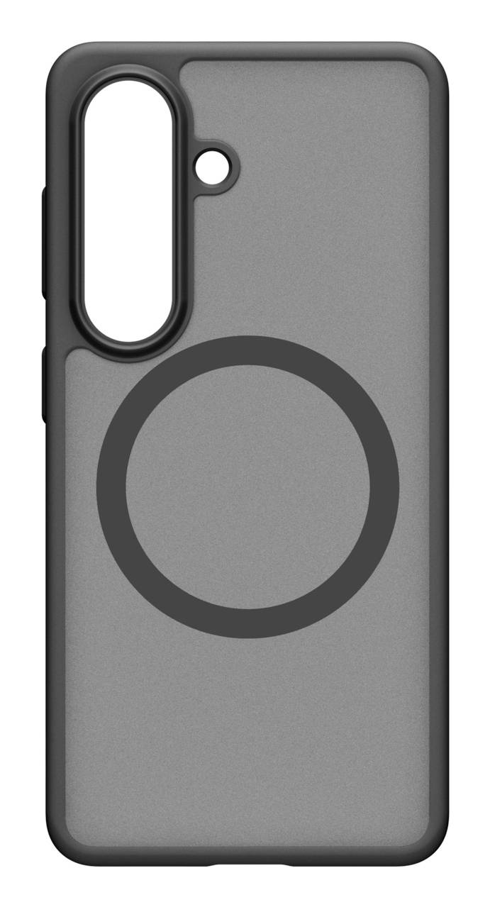 Graue Smartphone-Schutzhülle mit großem kreisförmigem MagSafe-Ring und vertikalem Kameraausschnitt oben links.