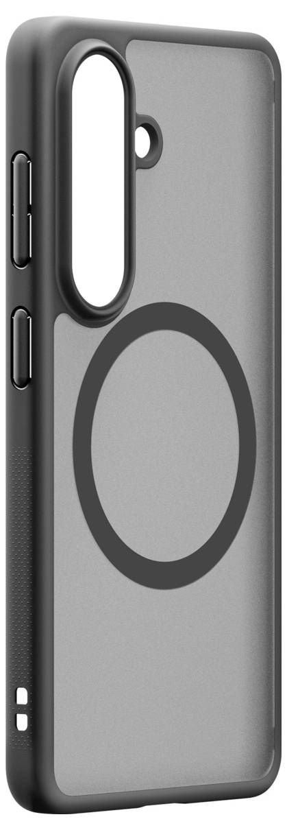 Graue Smartphone-Hülle mit einem großen kreisförmigen MagSafe-ähnlichen Ring und erhöhtem Kameraausschnitt, in einer Seitenansicht dargestellt.