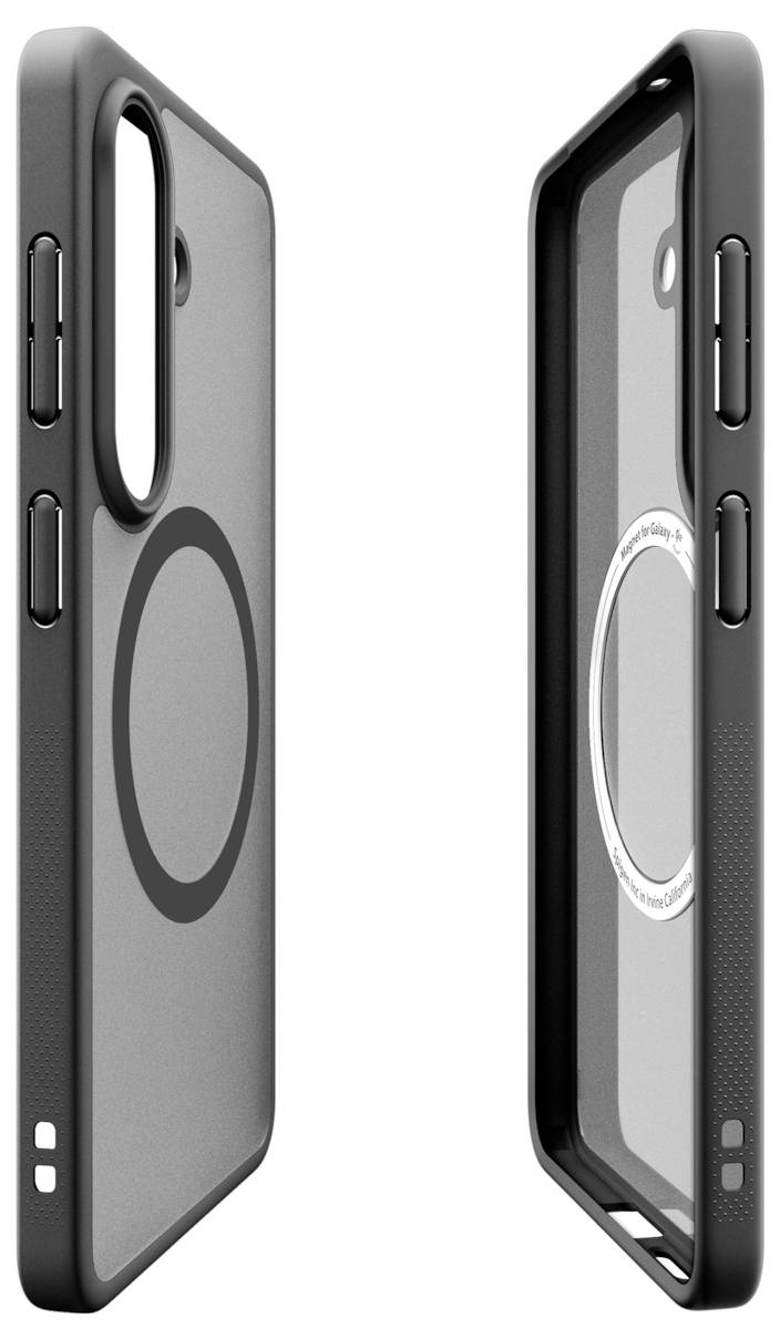 Zwei Ansichten einer Smartphone-Hülle mit integriertem kreisförmigem Ringhalter auf der Rückseite, dargestellt in Schwarz und Grau.