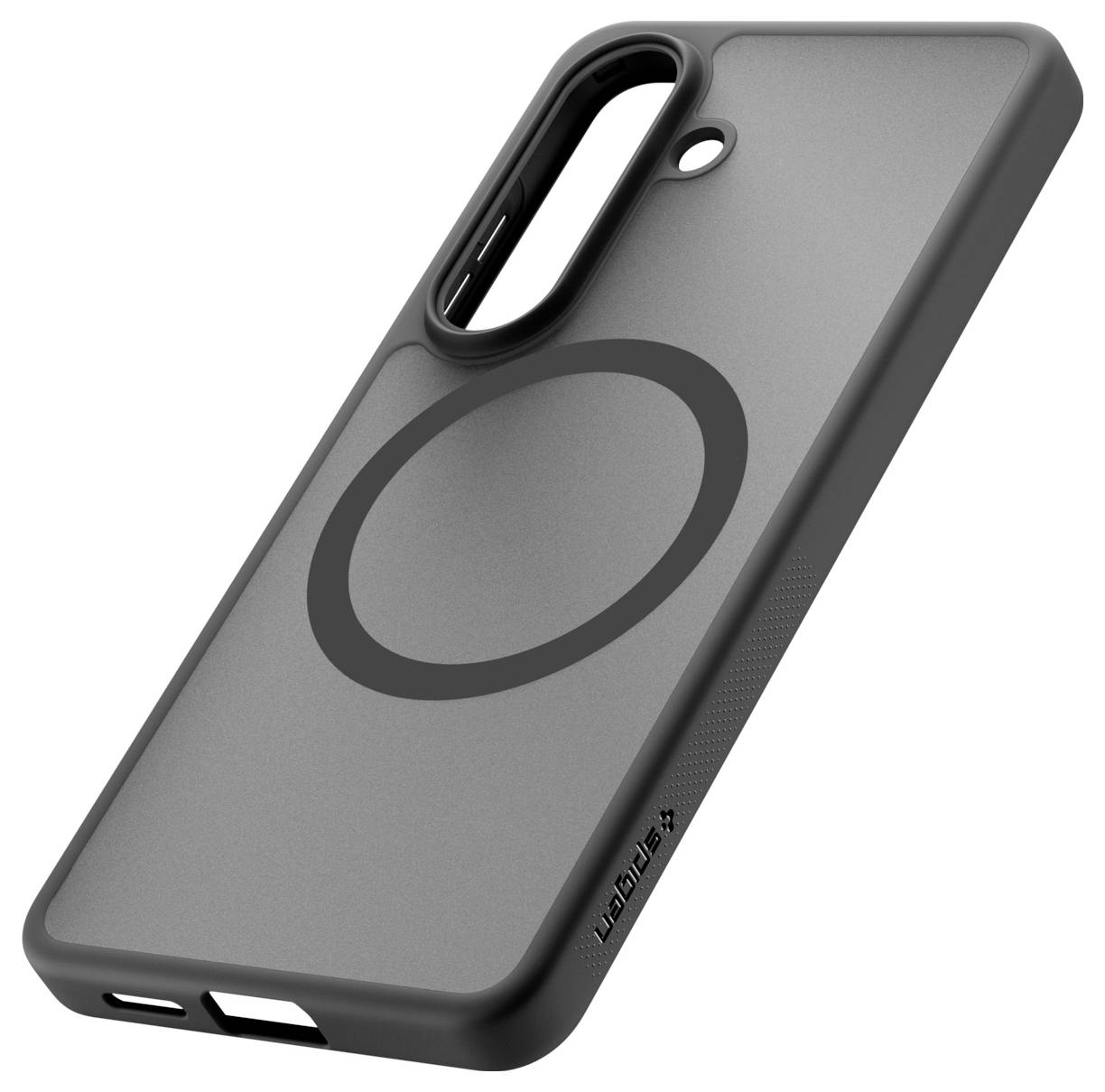 Graue Smartphonehülle mit erhöhtem Kameraausschnitt und MagSafe-ähnlichem Kreisring auf einfachem Hintergrund.
