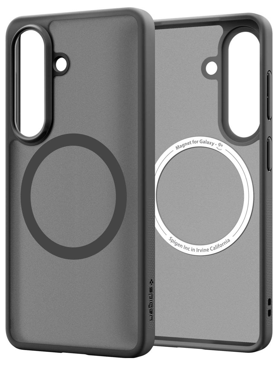 Zwei graue Smartphone-Schutzhüllen, von vorne und von hinten gezeigt, mit einem großen MagSafe-ähnlichen Magnetring und ausgestanztem Kameraausschnitt.