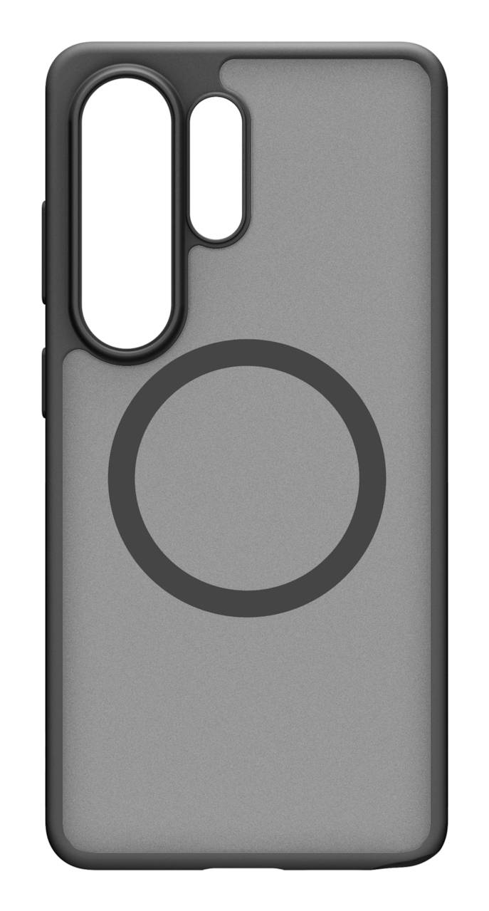 Graue Smartphone-Hülle mit einem großen, zentral positionierten kreisförmigen MagSafe-Ring und einem vertikalen dreifachen Kameraausschnitt oben links.