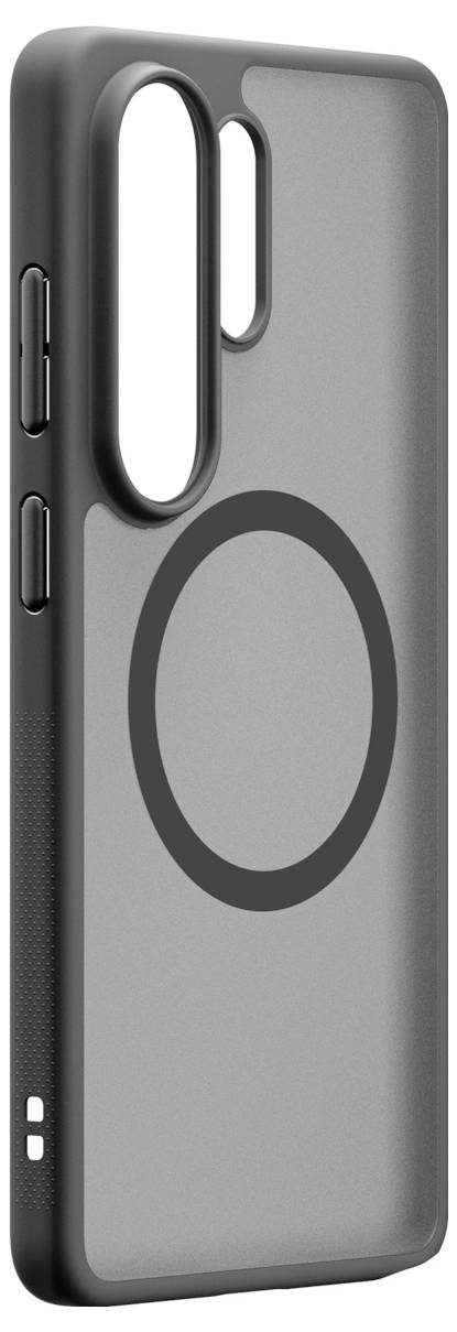 Grau-schwarzes Smartphone-Case mit großem kreisförmigem MagSafe-Ring und doppeltem Kameraausschnitt auf der Rückseite.
