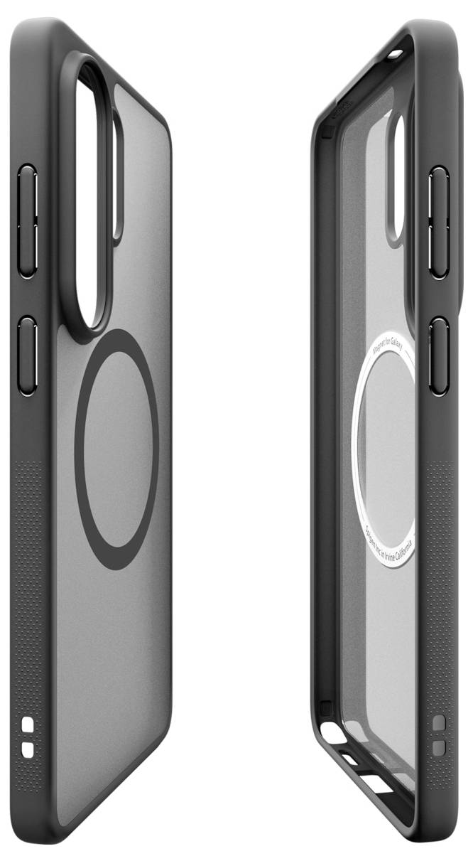 Zwei schwarze Handyhüllen, von vorne und von hinten gezeigt, jeweils mit einem kreisförmigen MagSafe-ähnlichen Ring und Ausschnitten für die Seitentasten.