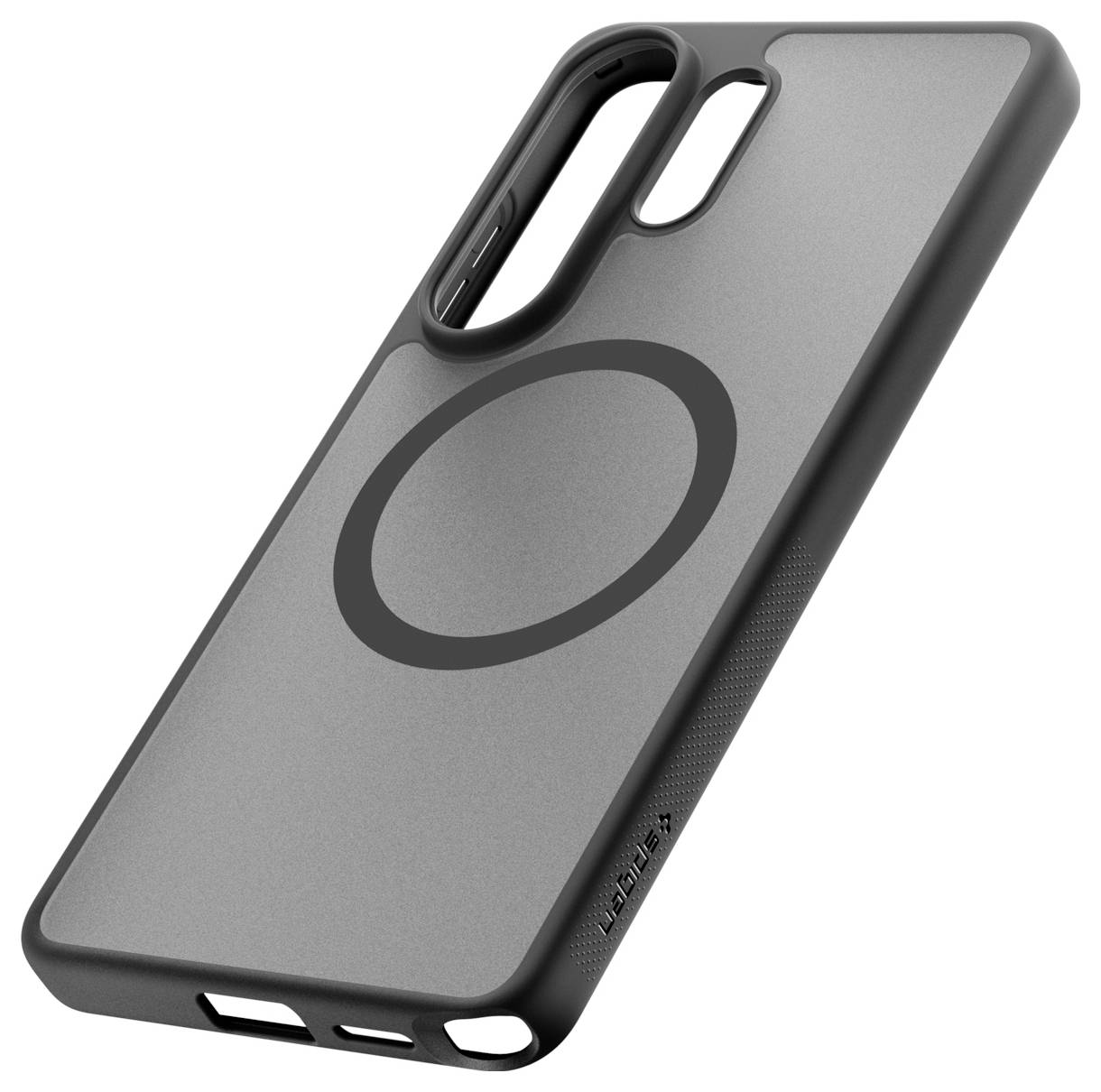 Grauer Smartphone-Case mit schwarzen Kanten und einem ringförmigen MagSafe-ähnlichen Haltering, perspektivisch auf weißem Hintergrund dargestellt.