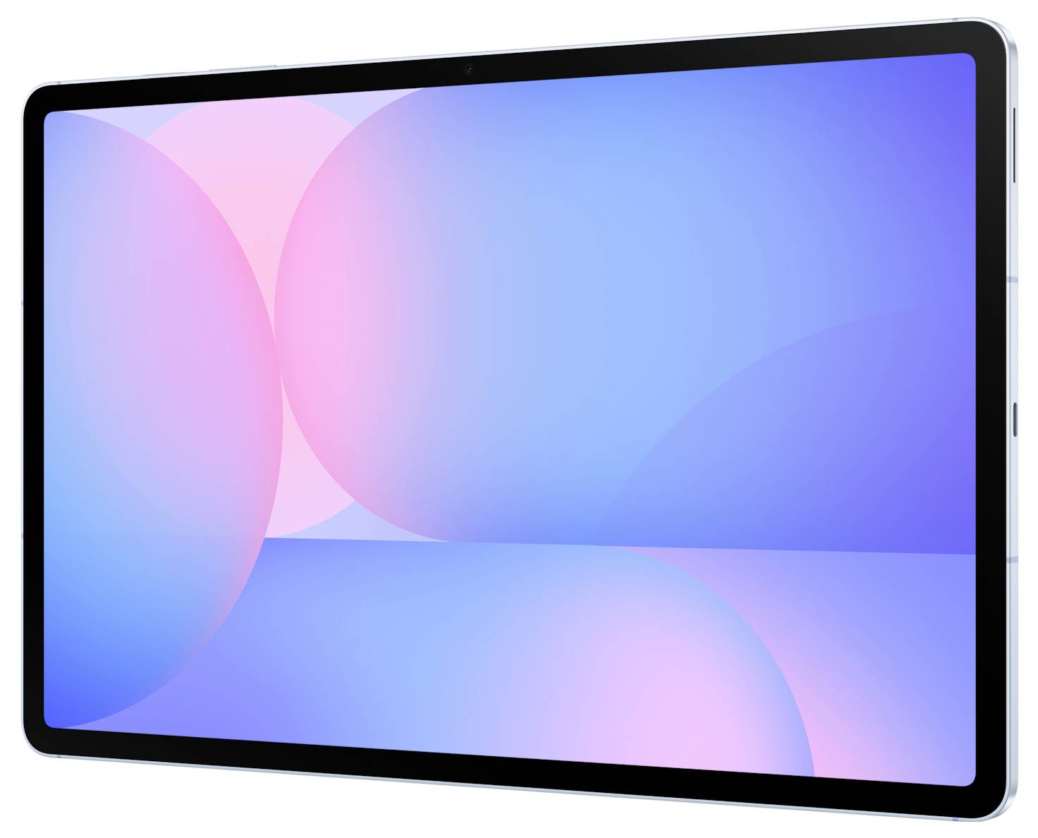 Vorderansicht eines Tablets mit einem blauem und rosa abstraktem Farbverlauf-Bildschirm auf weißem Hintergrund.